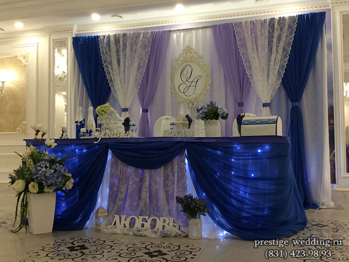 Оформление зала на свадьбу в синем цвете